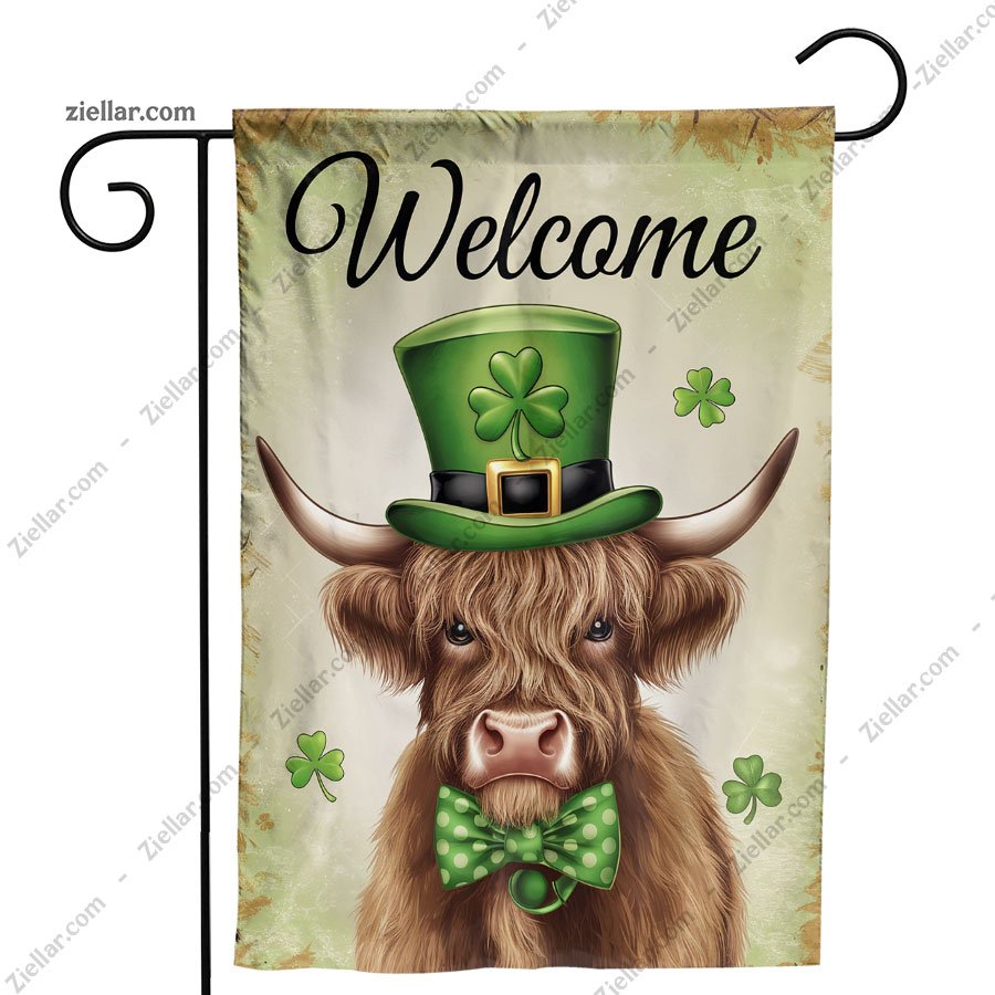 St Patricks Day Garden Flag 12x18 Inch, Highland Cow Shamrocks Yard Decor