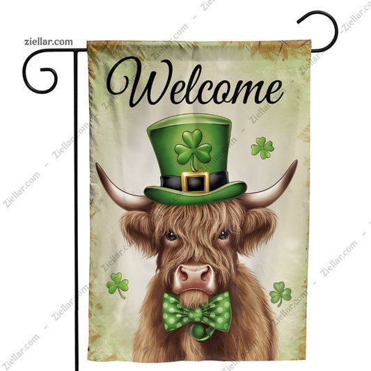 St Patricks Day Garden Flag 12x18 Inch, Highland Cow Shamrocks Yard Decor