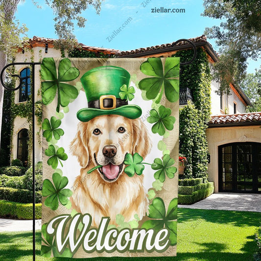 St Patricks Day Green Hat Dog Flag 12x18 Inch, Lucky Shamrock Outdoor Decor