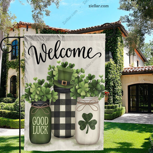 St Patricks Day Garden Flag 12x18 Inch, Shamrocks Mason Jar Burlap Yard Decor