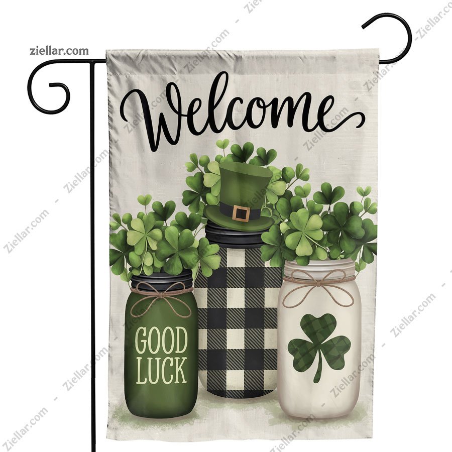 St Patricks Day Garden Flag 12x18 Inch, Shamrocks Mason Jar Burlap Yard Decor
