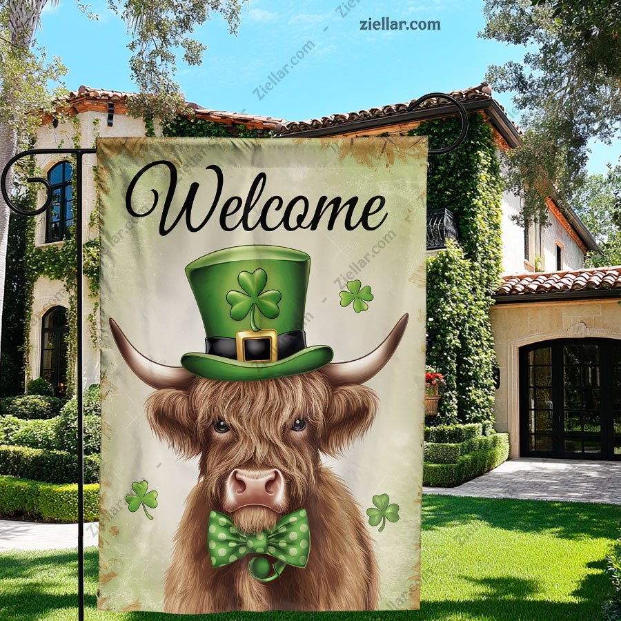 St Patricks Day Garden Flag 12x18 Inch, Highland Cow Shamrocks Yard Decor