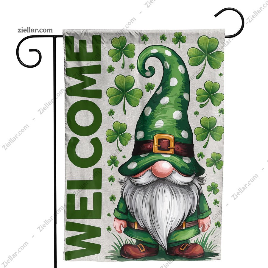St Patricks Day Garden Flag 12x18 Inch Double Sided, Gnome Shamrock Decor