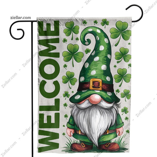 St Patricks Day Garden Flag 12x18 Inch Double Sided, Gnome Shamrock Decor
