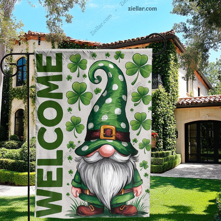 St Patricks Day Garden Flag 12x18 Inch Double Sided, Gnome Shamrock Decor