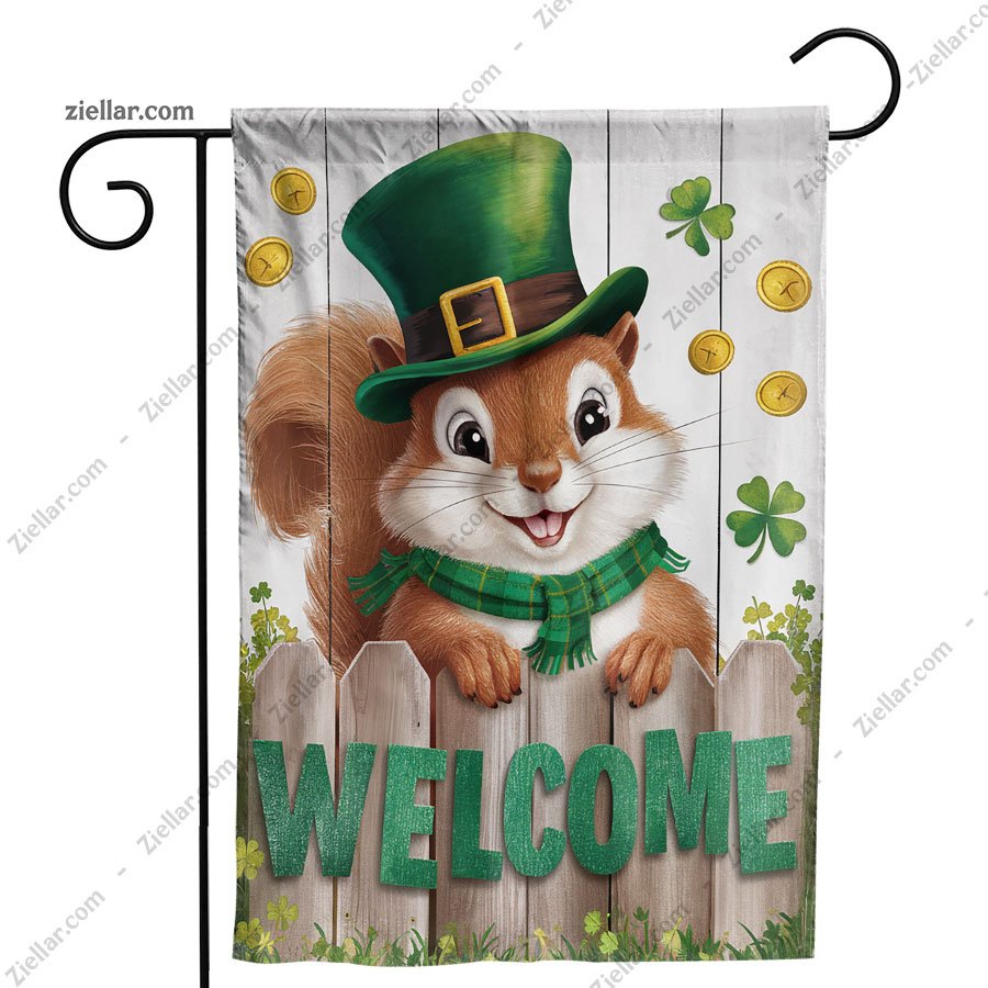St Patricks Day Garden Flag Double Sided, Lucky Squirrel Shamrock Yard Decor