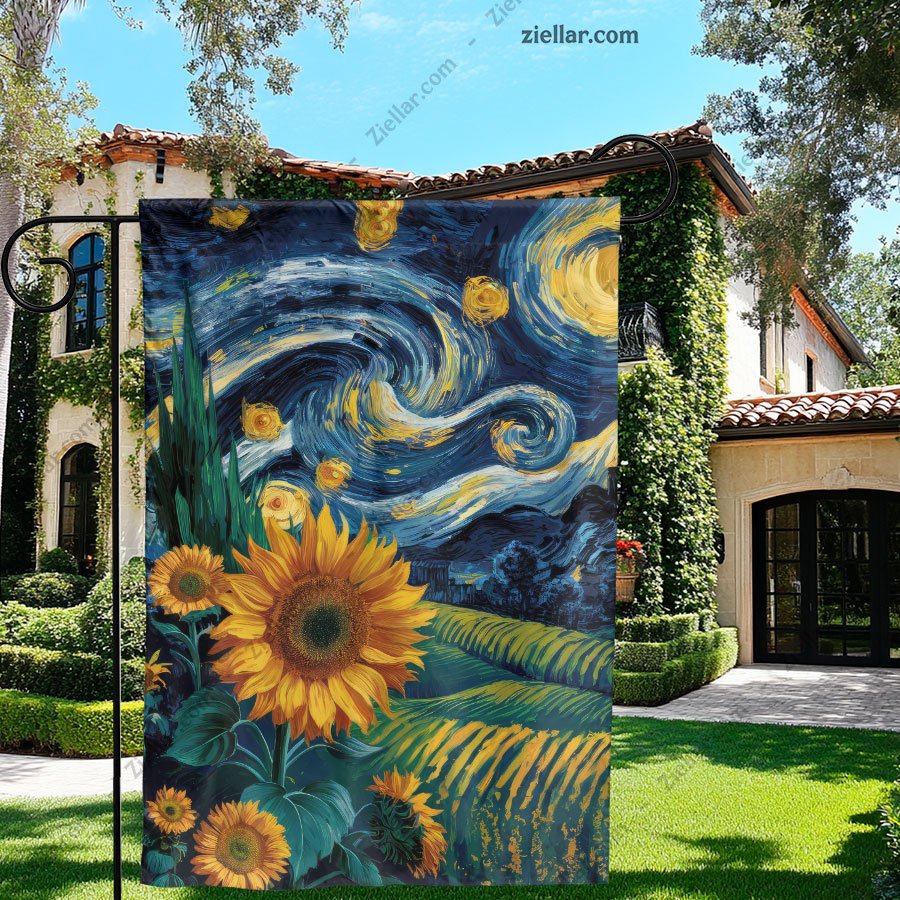 Starry Night Sunflowers Garden Flag Outdoor Yard Decor Summer Floral Design