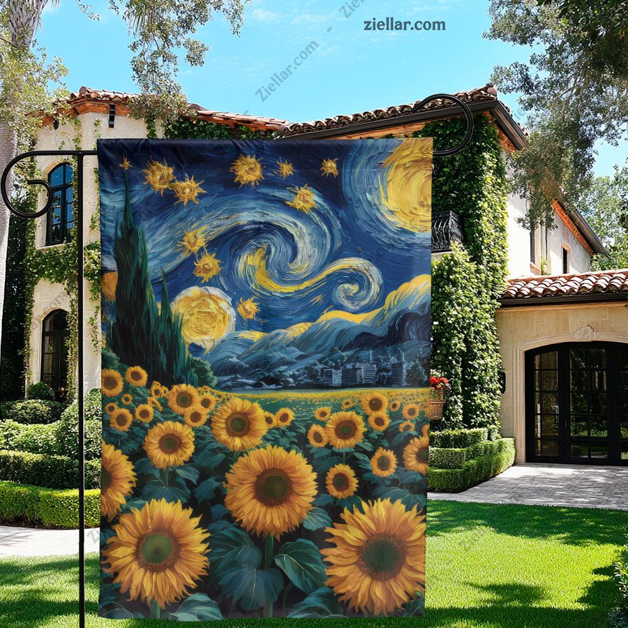 Starry Night Sunflowers Decorative House Flag Outdoor Porch Yard Decoration