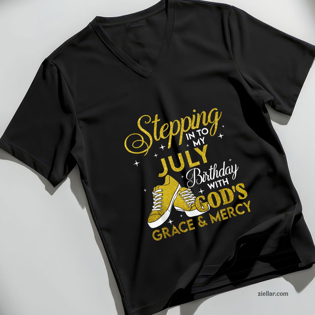 Stepping Into My July Birthday With Gods Grace And Mercy V-Neck Shirt