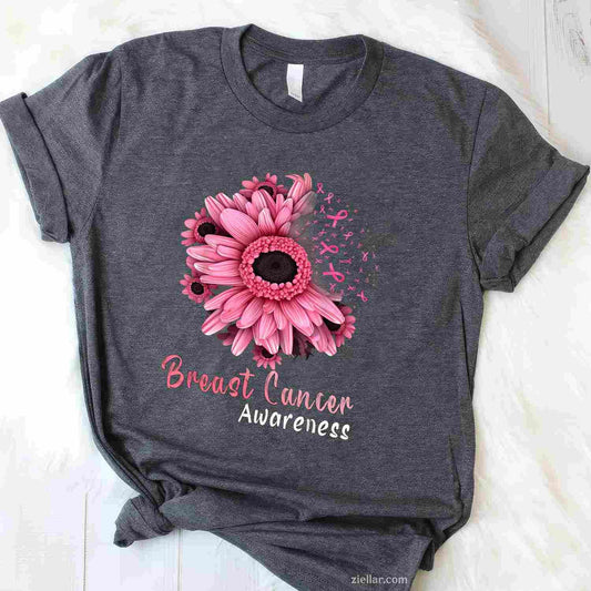 Sunflower Breast Cancer Awareness Pink Ribbon In October Funny Graphic Tee and T-Shirt Gift for Adults Men Women Unisex