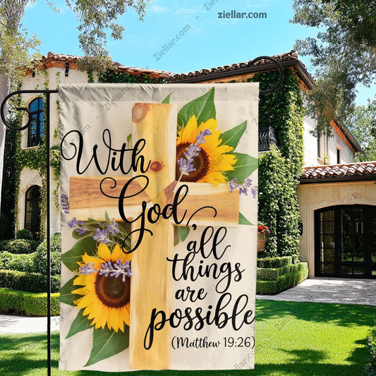Sunflower Garden Flag 12x18 Inch, With God All Things Are Possible Yard Decor