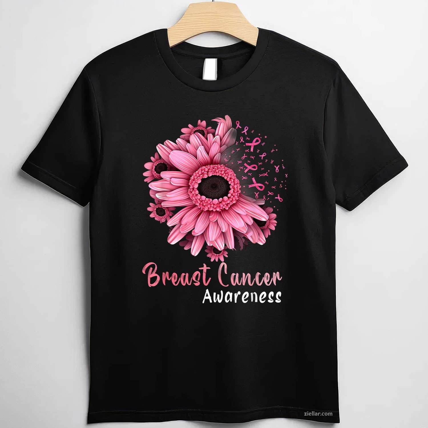 Sunflower Breast Cancer Awareness Pink Ribbon In October Funny Graphic Tee and T-Shirt Gift for Adults Men Women Unisex
