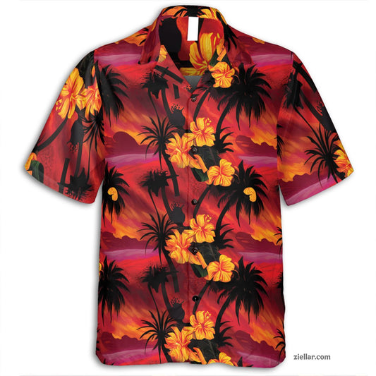 Sunset Palm Island Hawaiian Shirt & Tee, Tropical Beachwear for Adults
