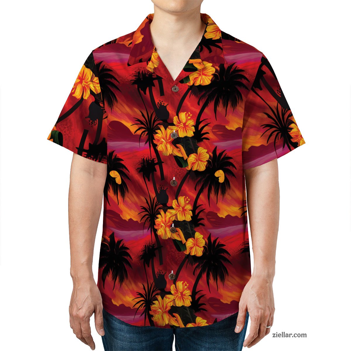 Sunset Palm Island Hawaiian Shirt & Tee, Tropical Beachwear for Adults