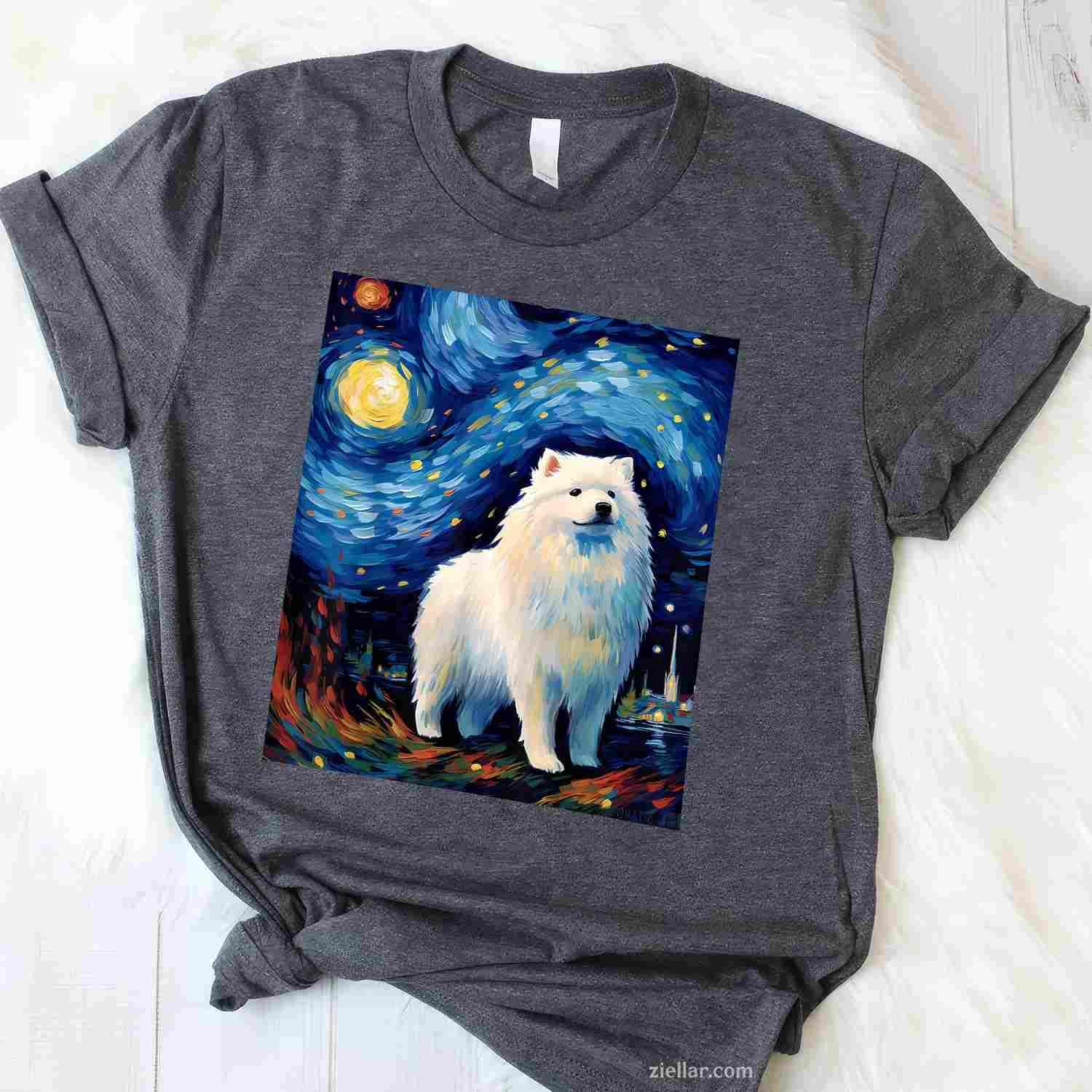Surreal Starry Night T-Shirt, Samoyed Dog Vintage Graphic Tee For Pet Owner Adults Unisex