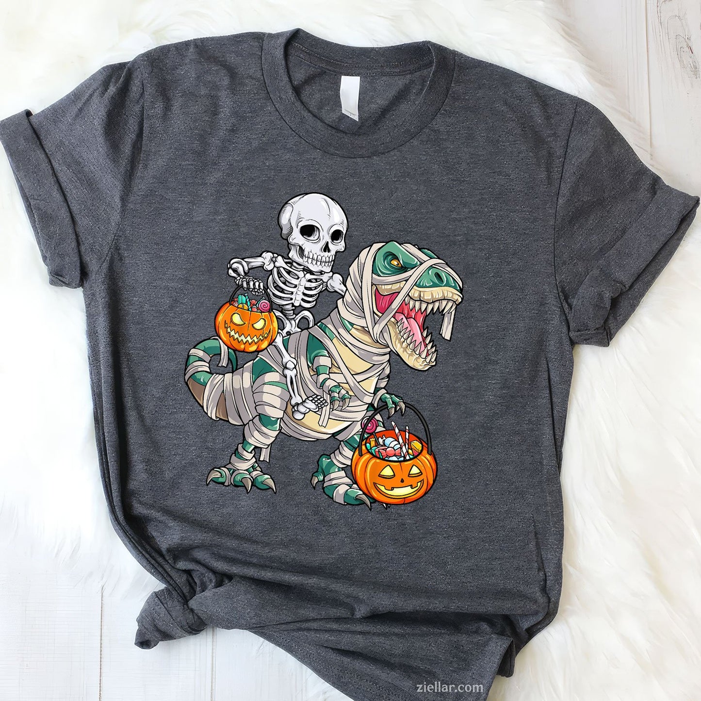 T-Rex Skeleton Mummy Ride Tee and T-Shirt, Funny Dinosaur Pumpkin Halloween T-Shirt