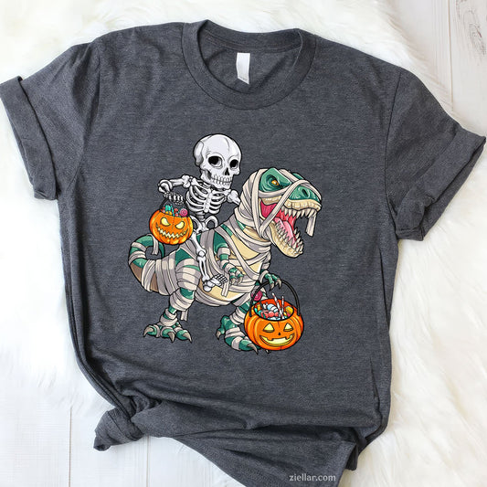T-Rex Skeleton Mummy Ride Tee and T-Shirt, Funny Dinosaur Pumpkin Halloween T-Shirt