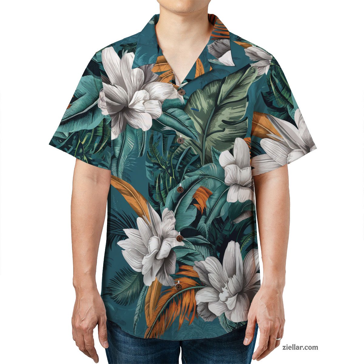 Teal Floral Print Hawaiian Shirt Tee, Aloha Summer Beach Party Gift