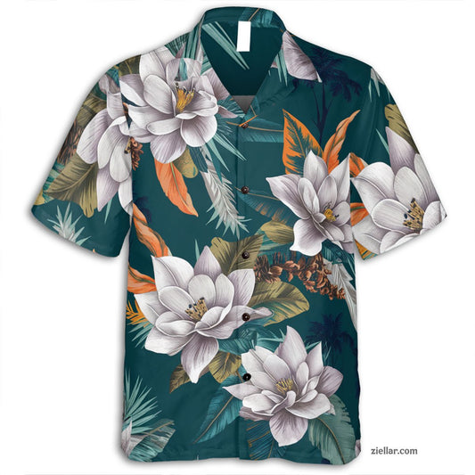 Teal Floral Hawaiian Shirt and Tee, Tropical Beachwear for Men and Women