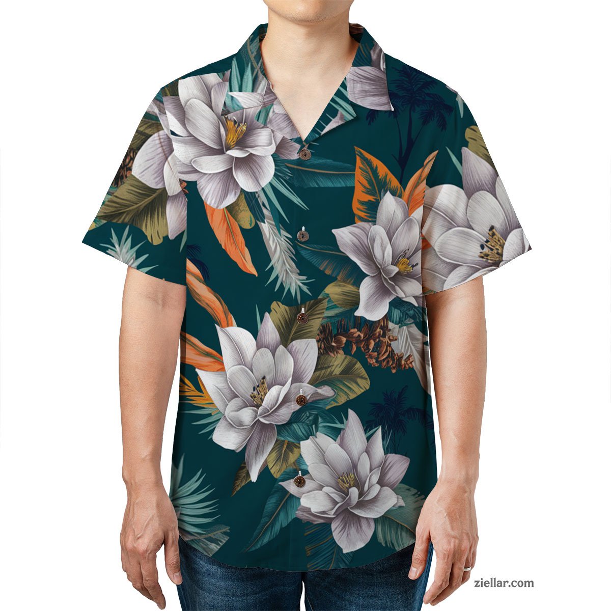 Teal Floral Hawaiian Shirt and Tee, Tropical Beachwear for Men and Women