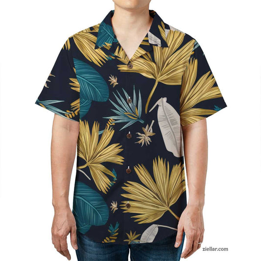Teal Gold White Leaf Hawaiian Shirt and Tee, Tropical Summer Beach Outfit