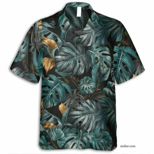 Teal Gold Leaf Print Hawaiian Shirt Tee, Black Summer Beach Outfit Unisex