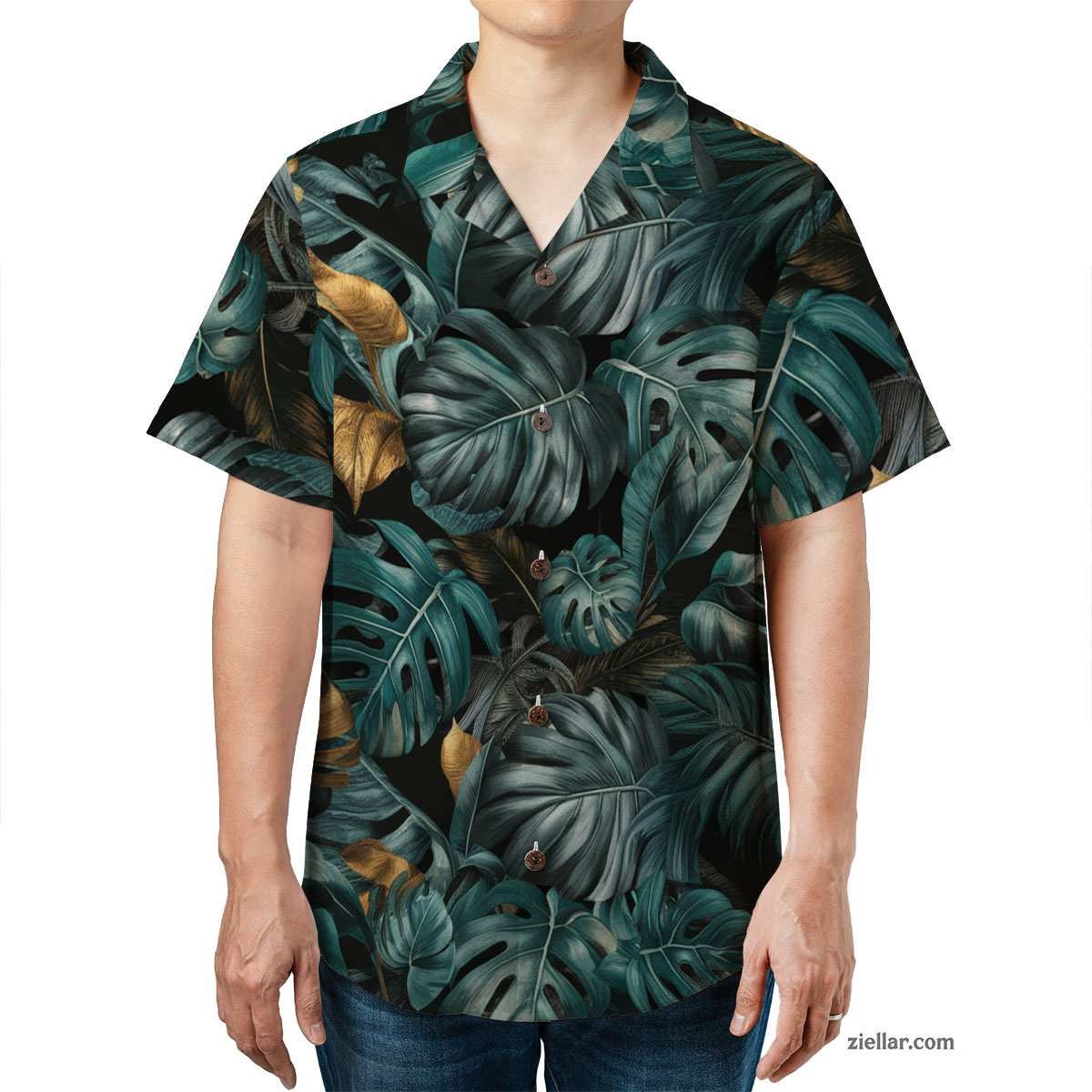 Teal Gold Leaf Print Hawaiian Shirt Tee, Black Summer Beach Outfit Unisex