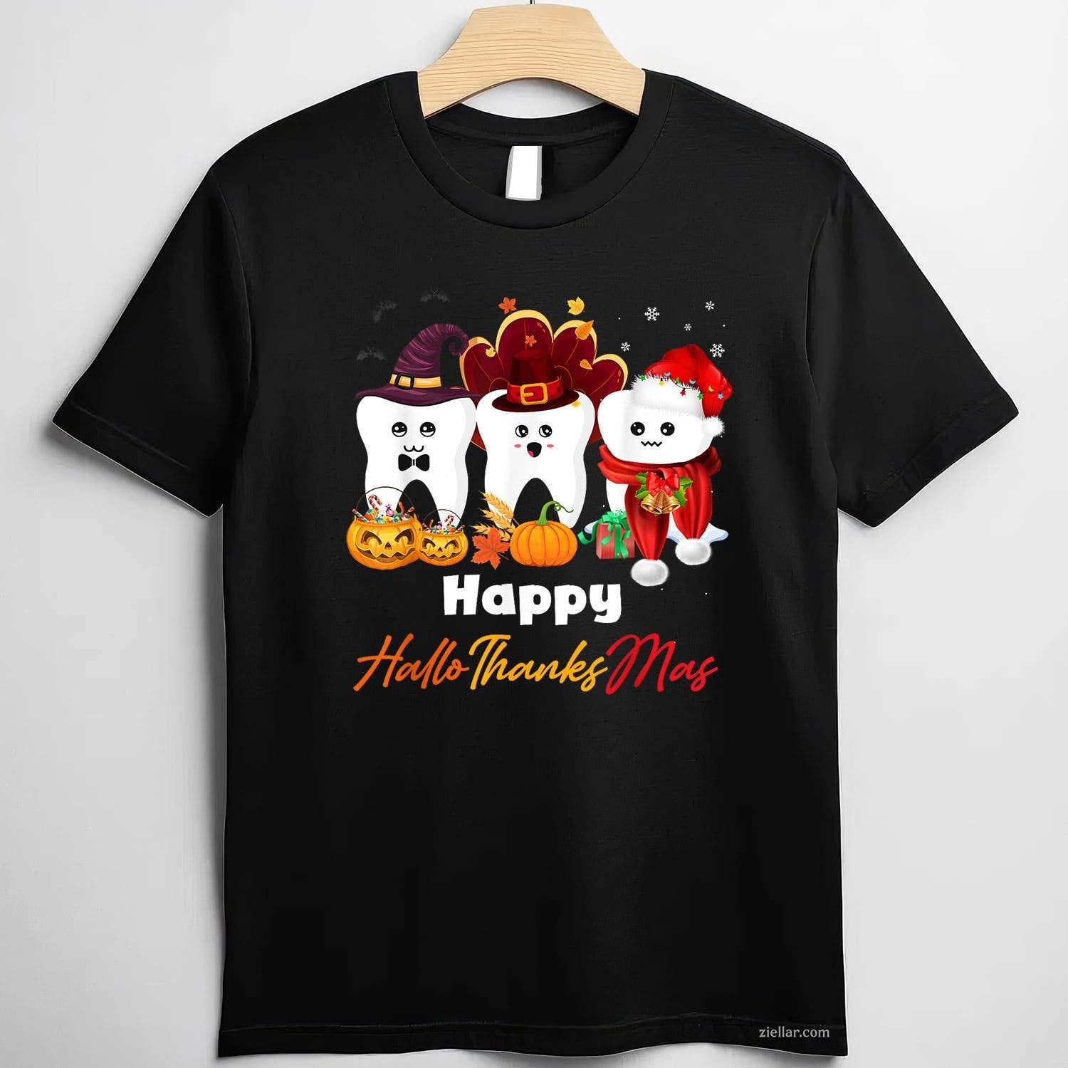 Teeth HalloThanksMas Halloween Thanksgiving Christmas Dental Funny Graphic Tee and T-Shirt Gift for Adults Men Women Unisex