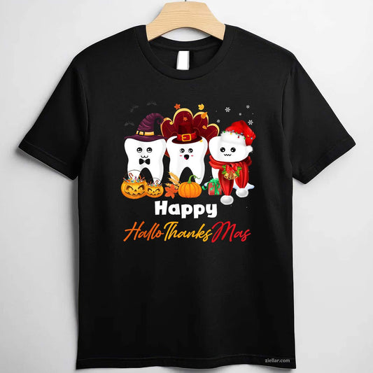 Teeth HalloThanksMas Halloween Thanksgiving Christmas Dental Funny Graphic Tee and T-Shirt Gift for Adults Men Women Unisex