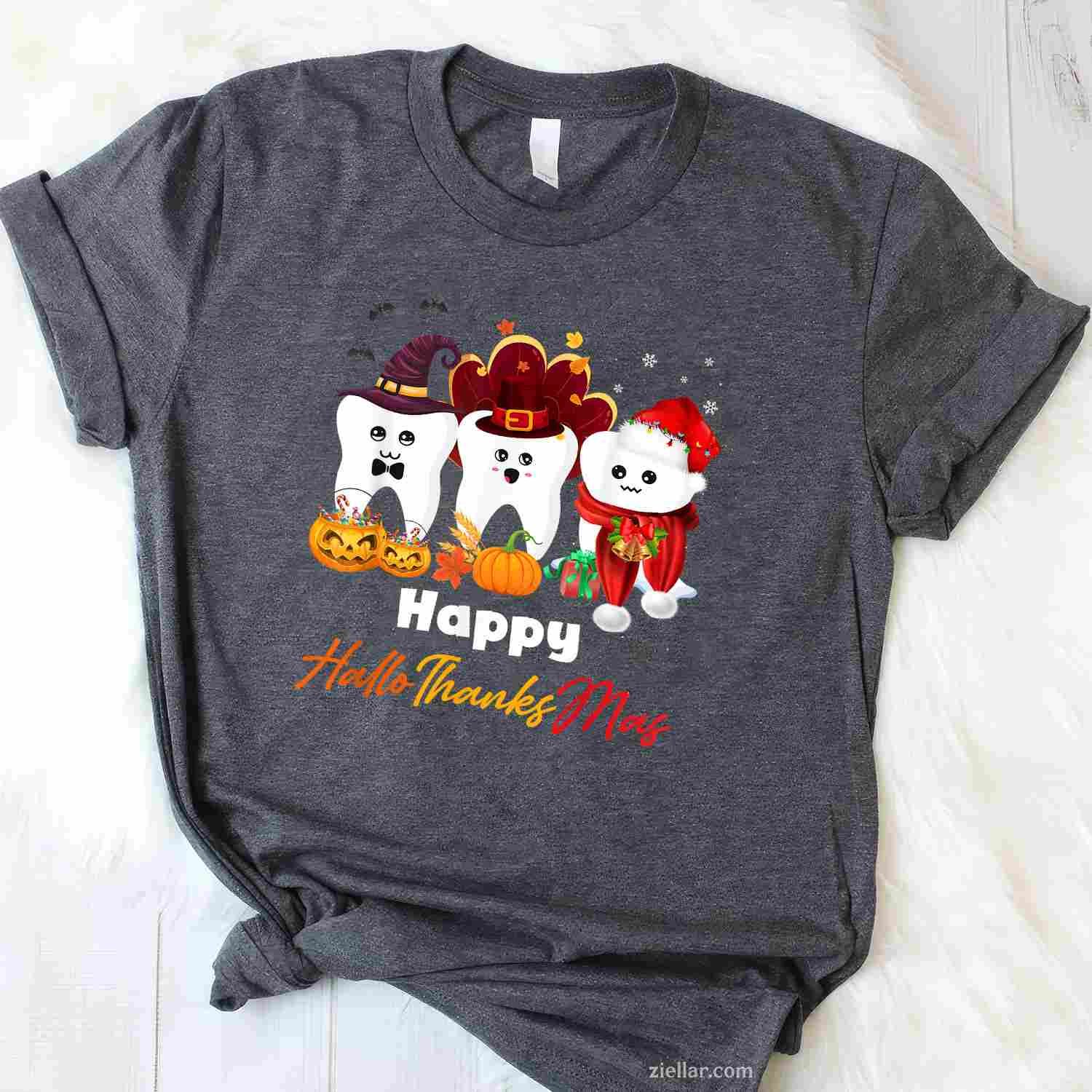 Teeth HalloThanksMas Halloween Thanksgiving Christmas Dental Funny Graphic Tee and T-Shirt Gift for Adults Men Women Unisex