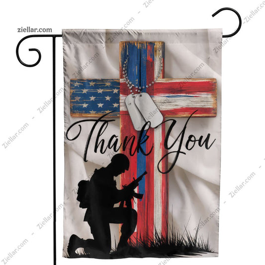Thank You Veteran Flag Garden Decor Kneeling Soldier Cross Yard Banner USA