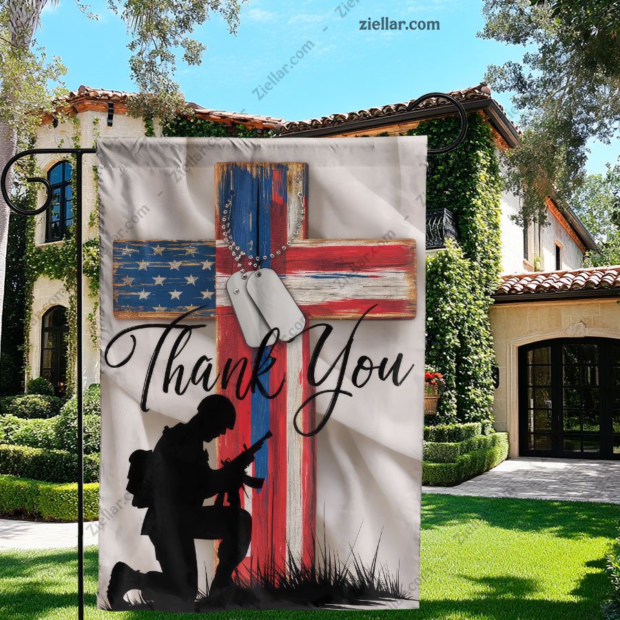 Thank You Veteran Flag Garden Decor Kneeling Soldier Cross Yard Banner USA