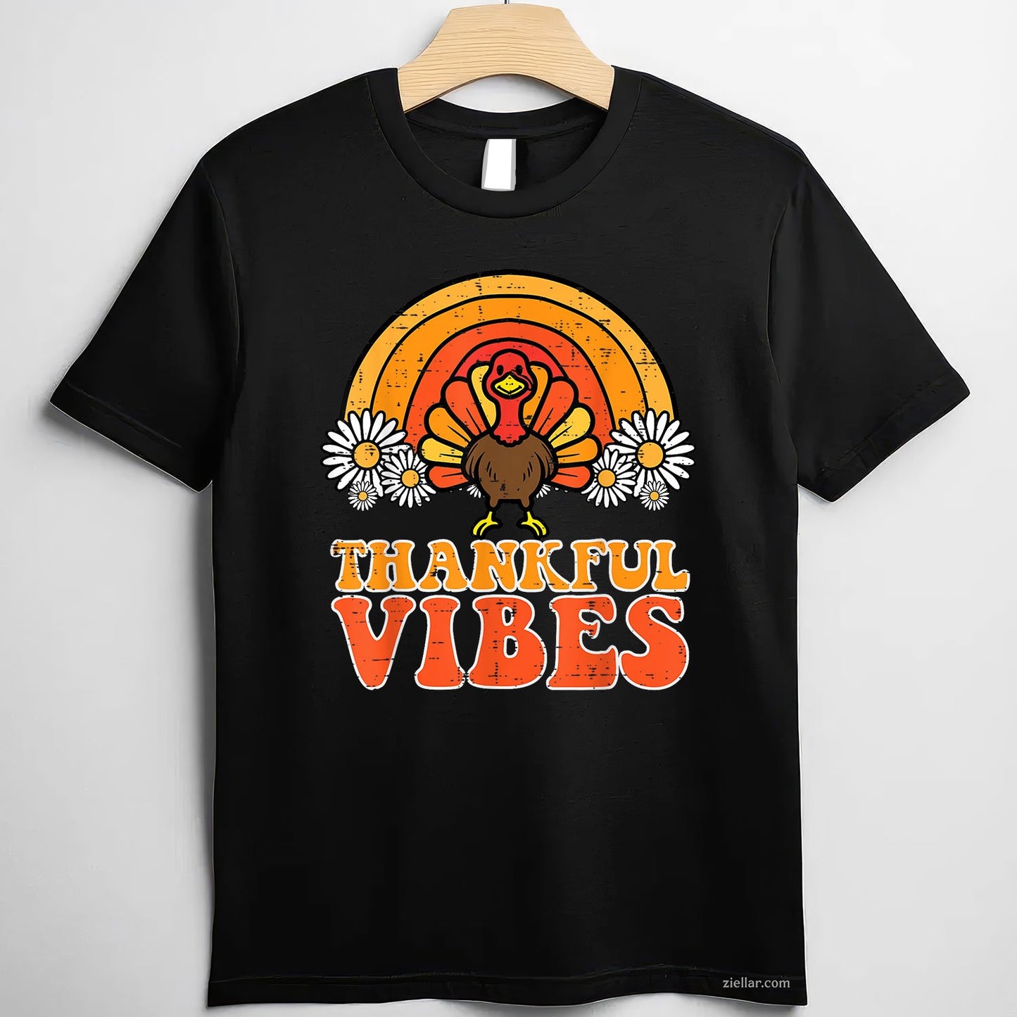 Thankful Vibes Tee and T-Shirt, Turkey Rainbow Retro Thanksgiving T-Shirt for Women Adults