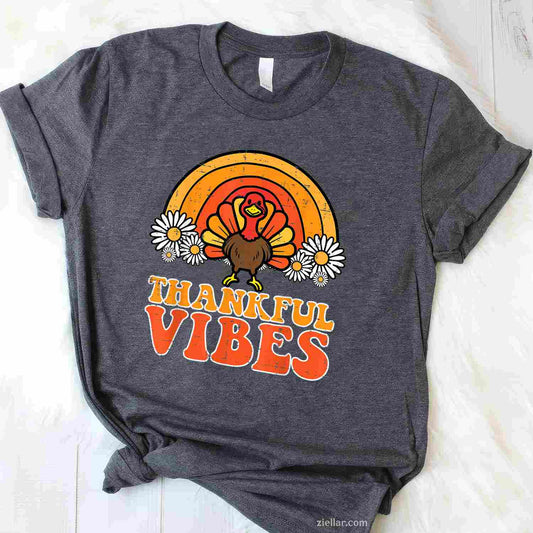 Thankful Vibes Turkey Rainbow Funny Retro Thanksgiving Women T-Shirt and Tee for Adults Men Women Unisex