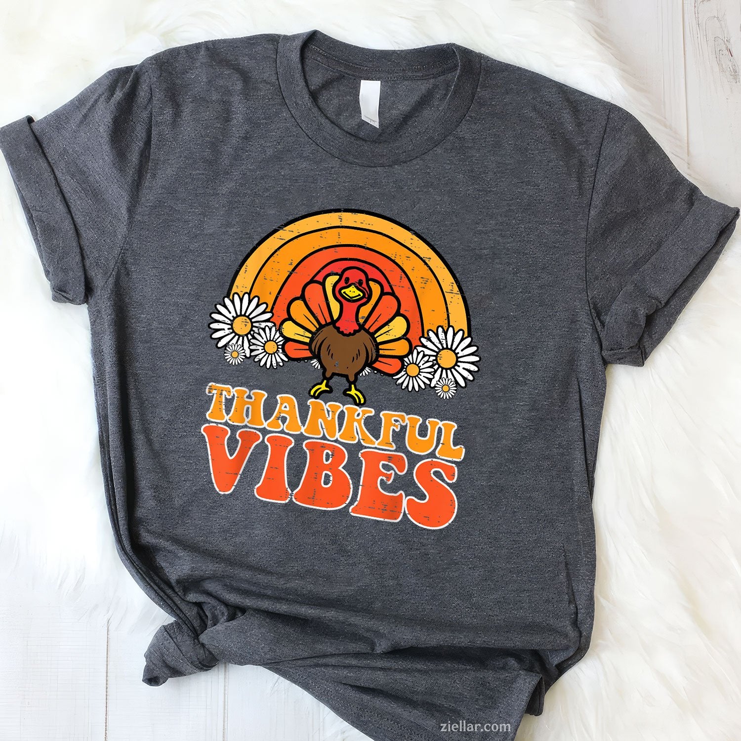 Thankful Vibes Tee and T-Shirt, Turkey Rainbow Retro Thanksgiving T-Shirt for Women Adults