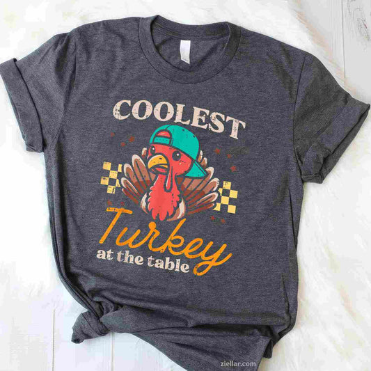 Thanksgiving Coolest Turkey At Table Funky T-Shirt And Tee For Men, Women And Young Adults
