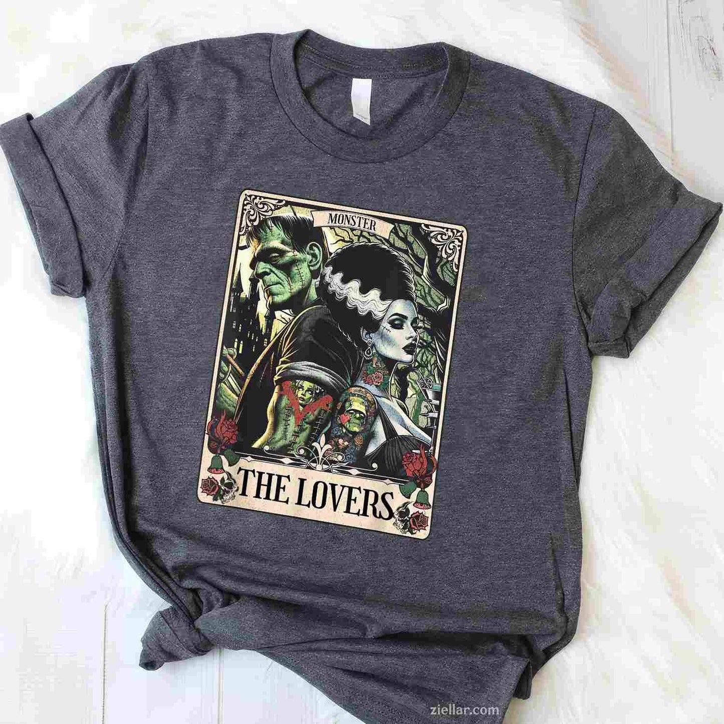 The Monster Frankenstein And Bride The Lovers Tarot Card Tee, Graphic T-Shirt for Men Women Adults Unisex, Trendy Graphic Apparel, Unique Gift Idea