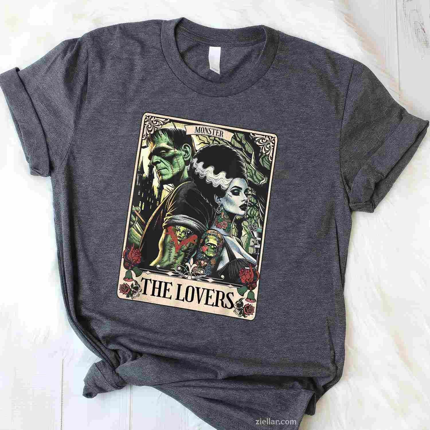 The Monster Frankenstein And Bride The Lovers Tarot Card Tee, Graphic T-Shirt for Men Women Adults Unisex, Trendy Graphic Apparel, Unique Gift Idea
