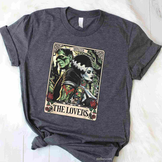 The Monster Frankenstein And Bride The Lovers Tarot Card Tee, Graphic T-Shirt for Men Women Adults Unisex, Trendy Graphic Apparel, Unique Gift Idea