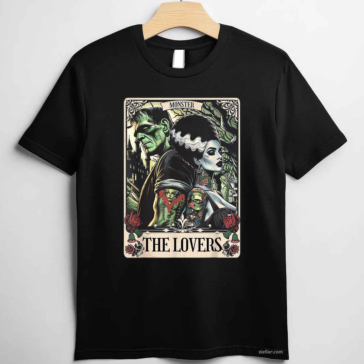 The Monster Frankenstein And Bride The Lovers Tarot Card Tee, Graphic T-Shirt for Men Women Adults Unisex, Trendy Graphic Apparel, Unique Gift Idea