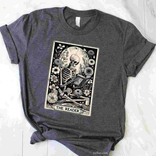 The Reader Tarot Card Funny Book Lover Skeleton Reading Book T-Shirt
