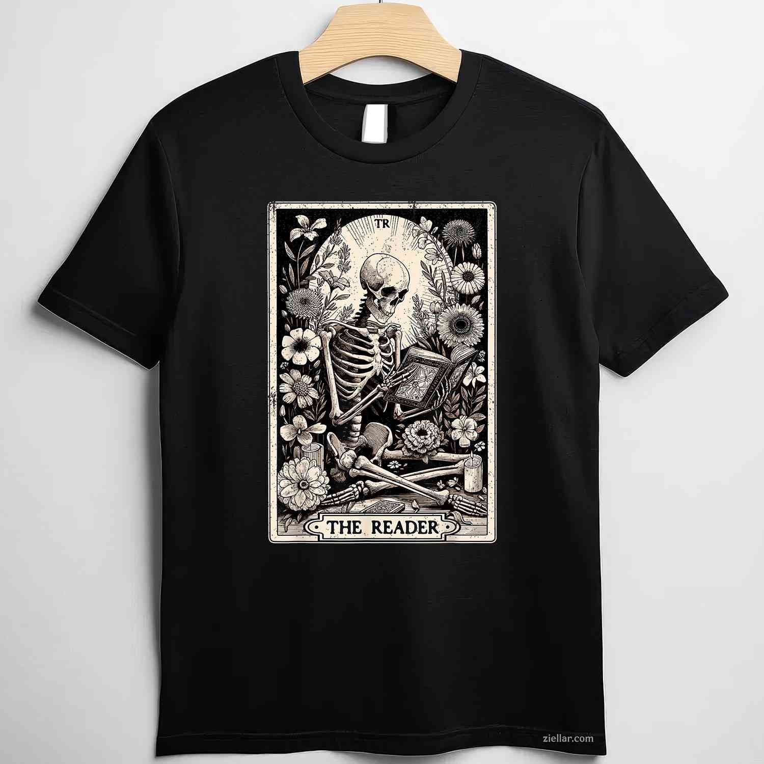 The Reader Tarot Card Funny Book Lover Skeleton Reading Book T-Shirt