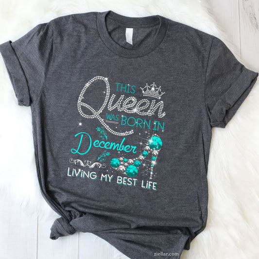 This Queen Was Born in December Tee and T-Shirt, Living My Best Life Birthday Gift T-Shirt for Adults