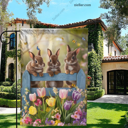 Three Playful Bunnies on Fence with Flowers Perfect for Easter Decoration