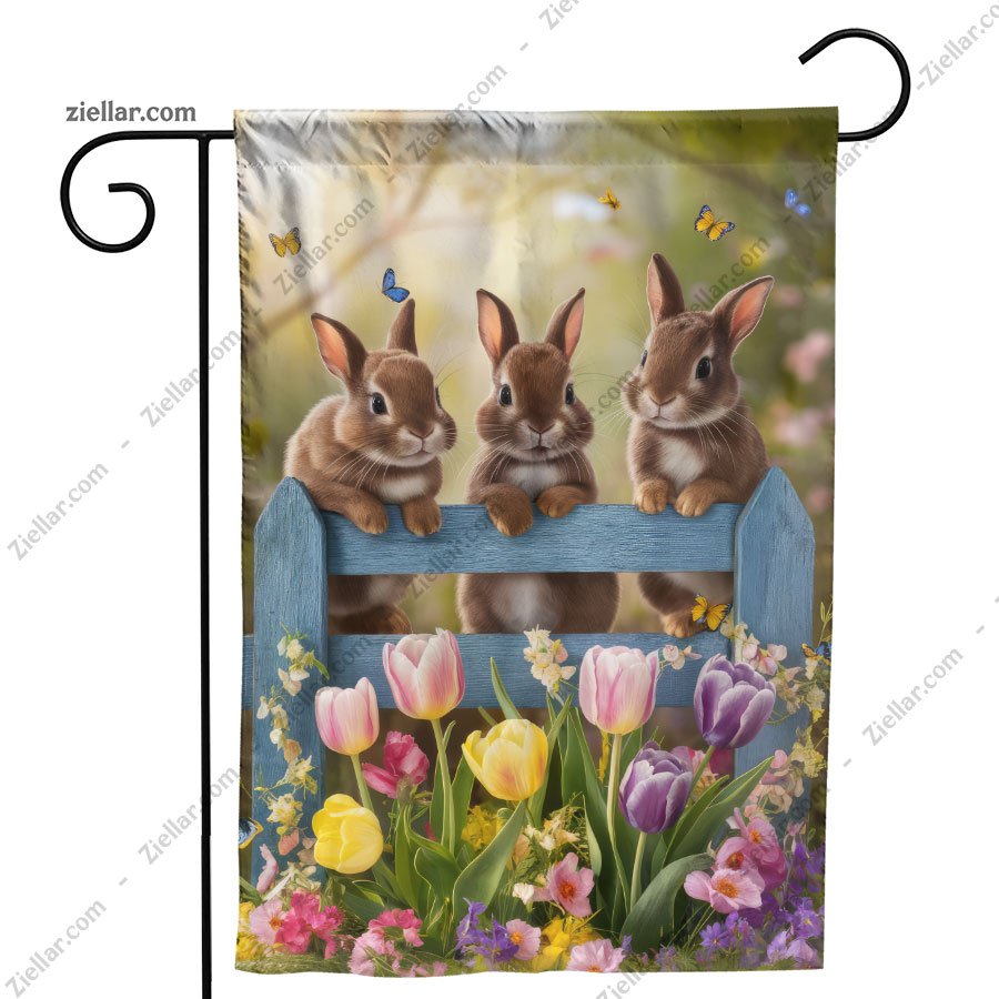 Three Playful Bunnies on Fence with Flowers Perfect for Easter Decoration
