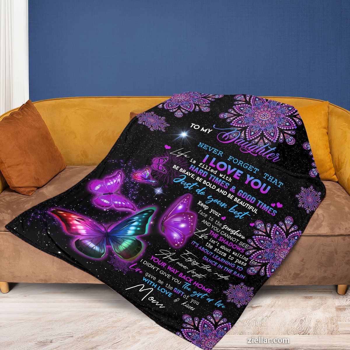To My Daughter Quilt Blanket, Fleece Blanket Purple Butterfly Gift for Encouragement