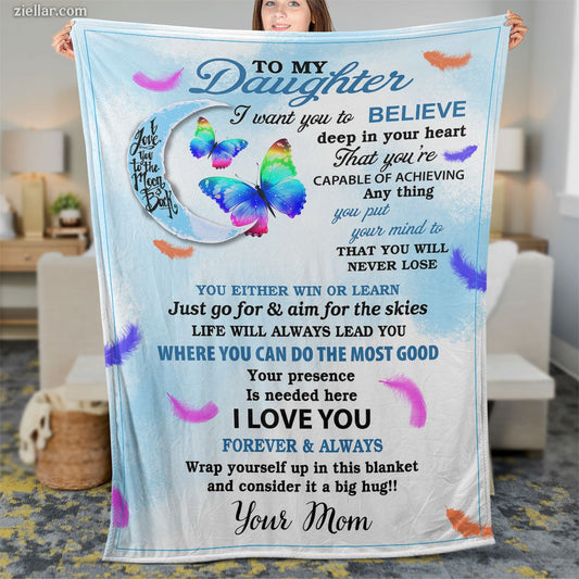 To My Daughter Quilt Blanket, Fleece Blanket Gift for Daughter with Moon and Birds