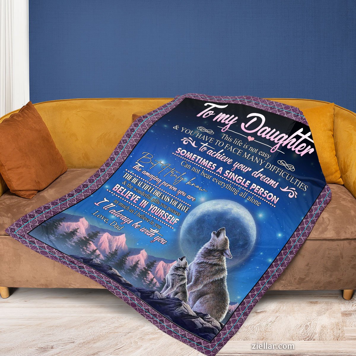 To My Daughter Quilt Blanket, Fleece Blanket Wolf and Moon Inspirational Gift from Mom