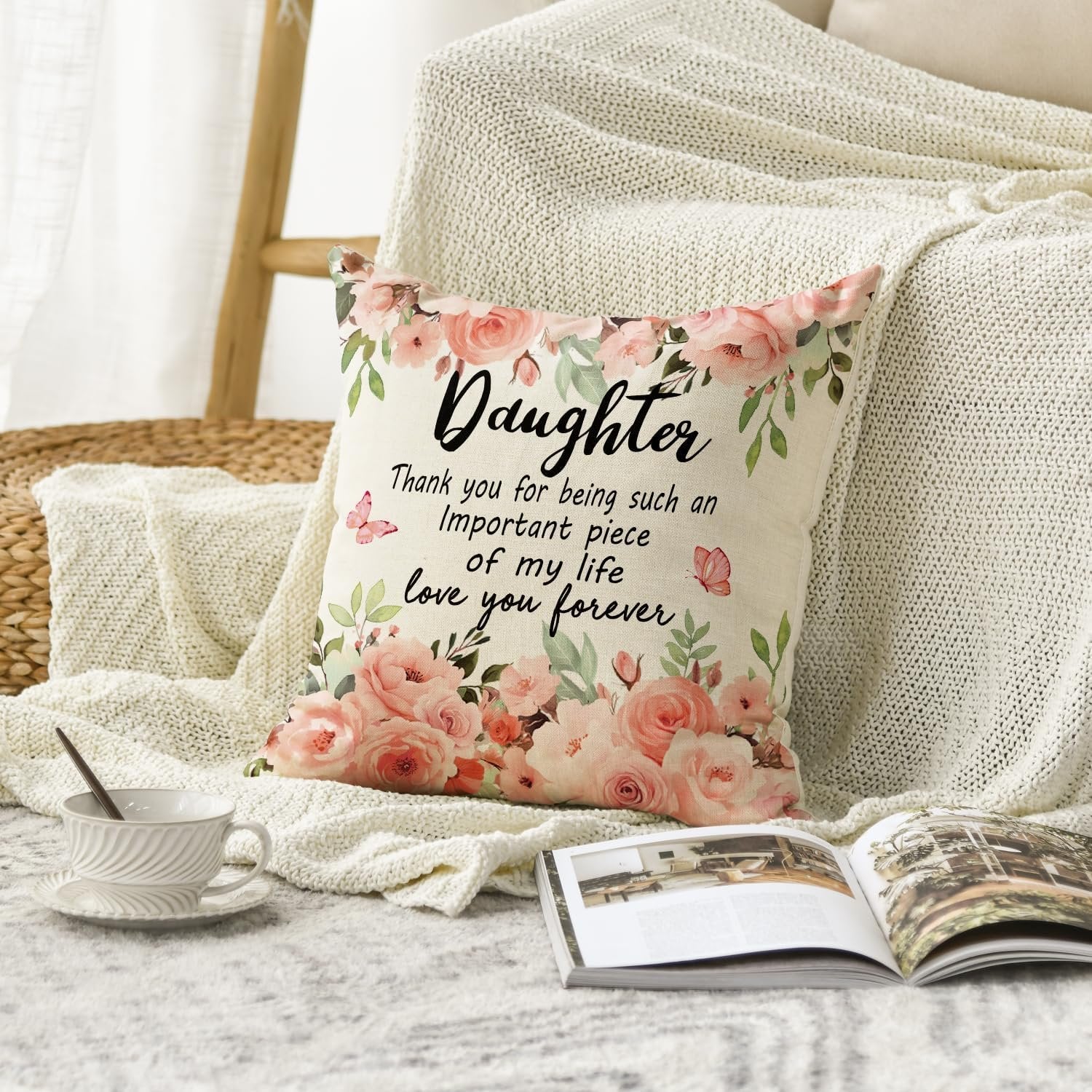 To My Daughter Floral Pillow Case, Cushion Gift from Mum & Dad for Birthday or Christmas