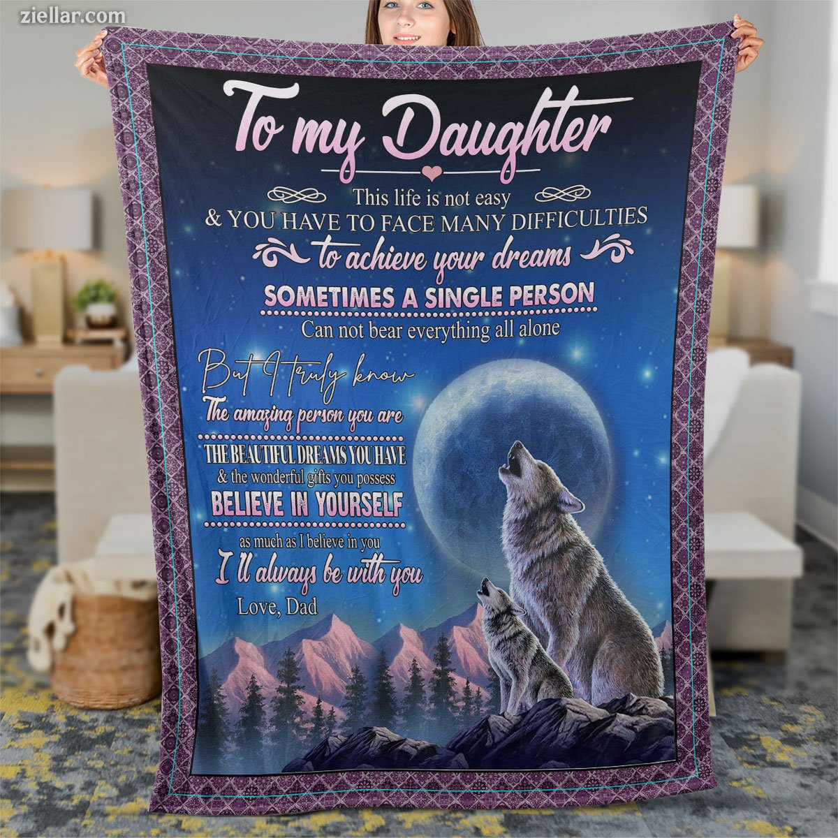 To My Daughter Quilt Blanket, Fleece Blanket Wolf and Moon Inspirational Gift from Mom